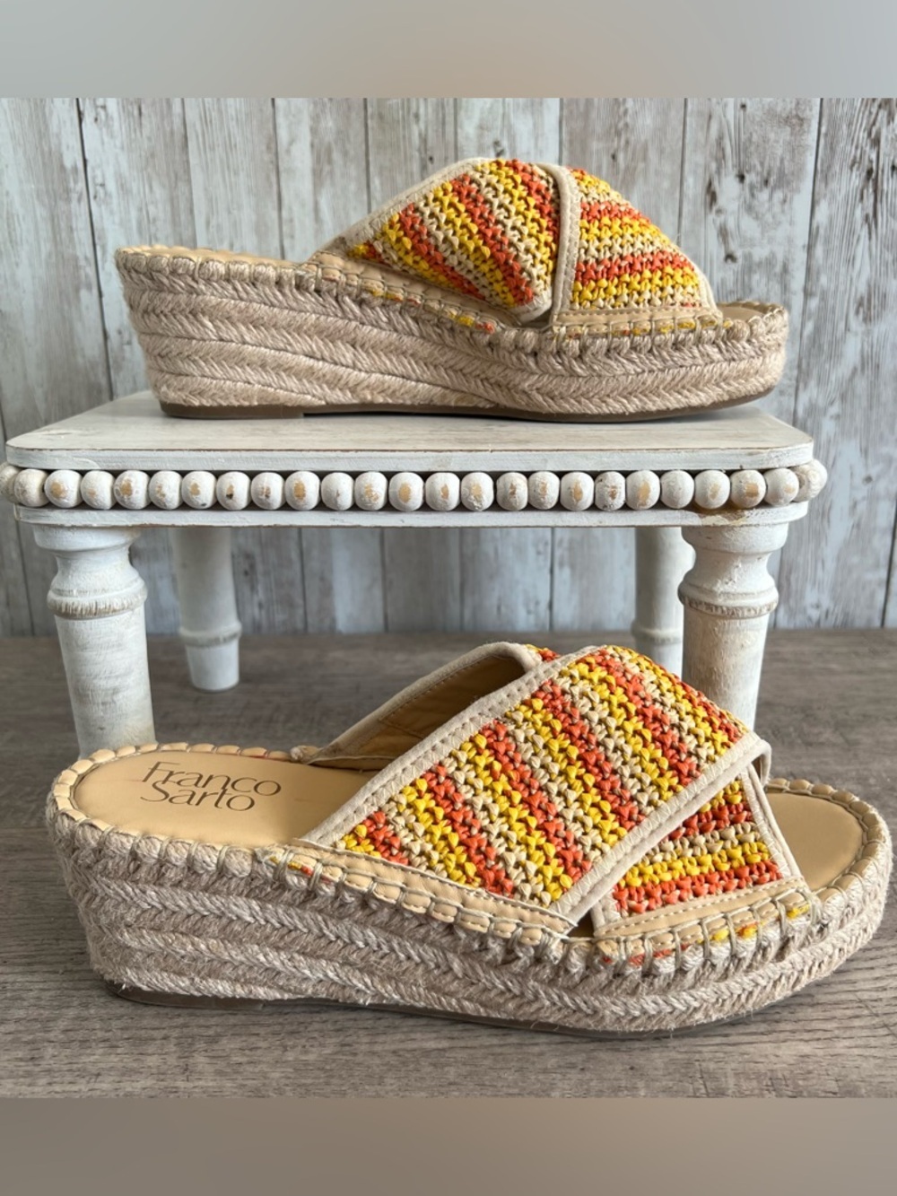 Franco Sarto Pacifica Crochet Woven Yellow Orange Espadrille Wedge Sandals 7